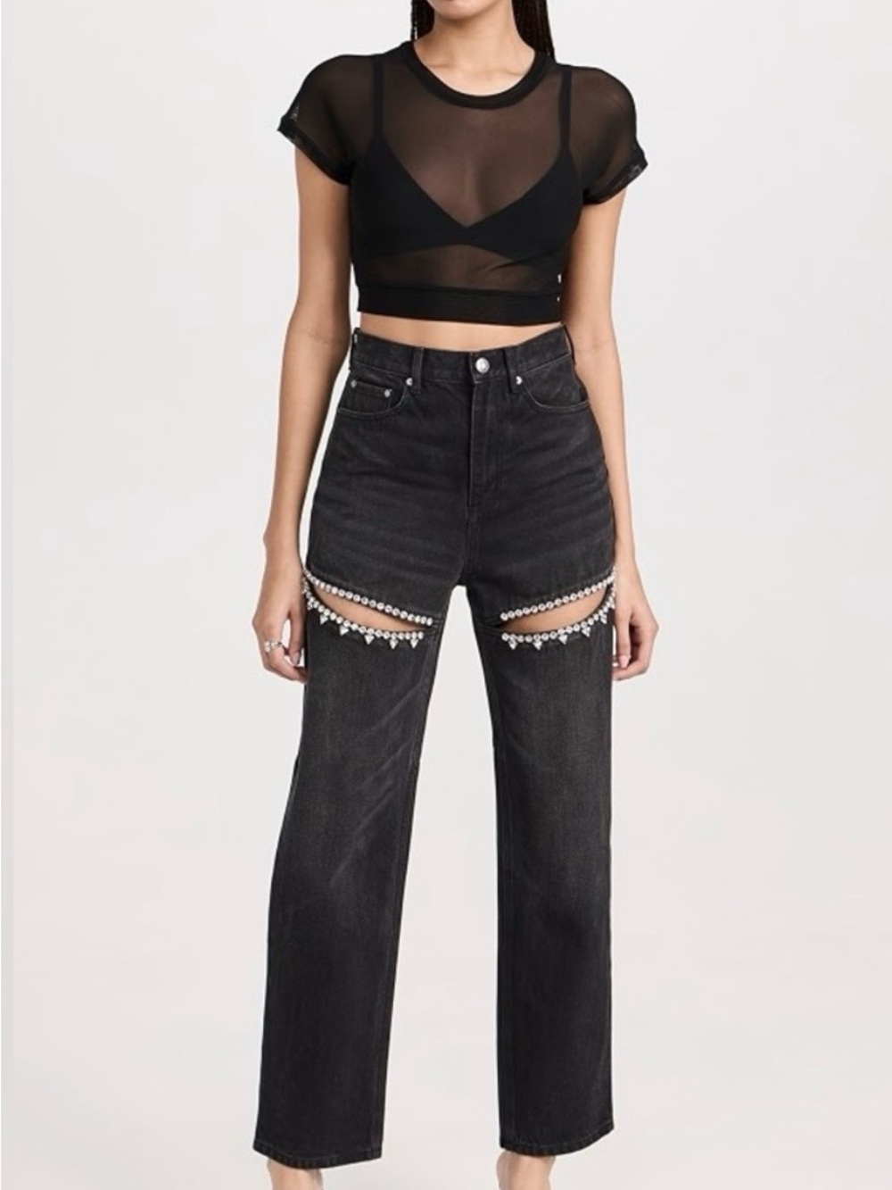 AREA Black High-Rise Jeans with Rhinestone Cutouts as seen on Taylor Swift